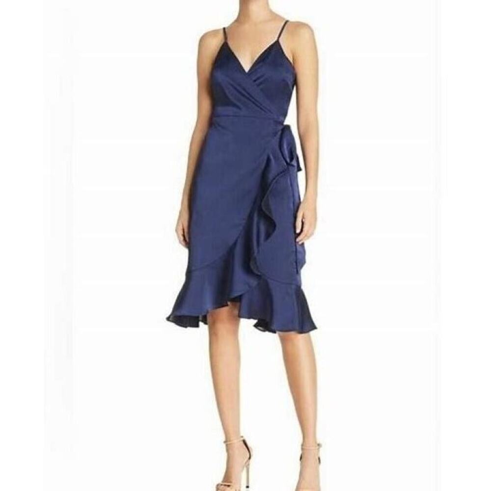 Aqua Bloomingdale’s Faux Wrap Mini Dress Sz L Navy Spaghetti Strap V-Neck